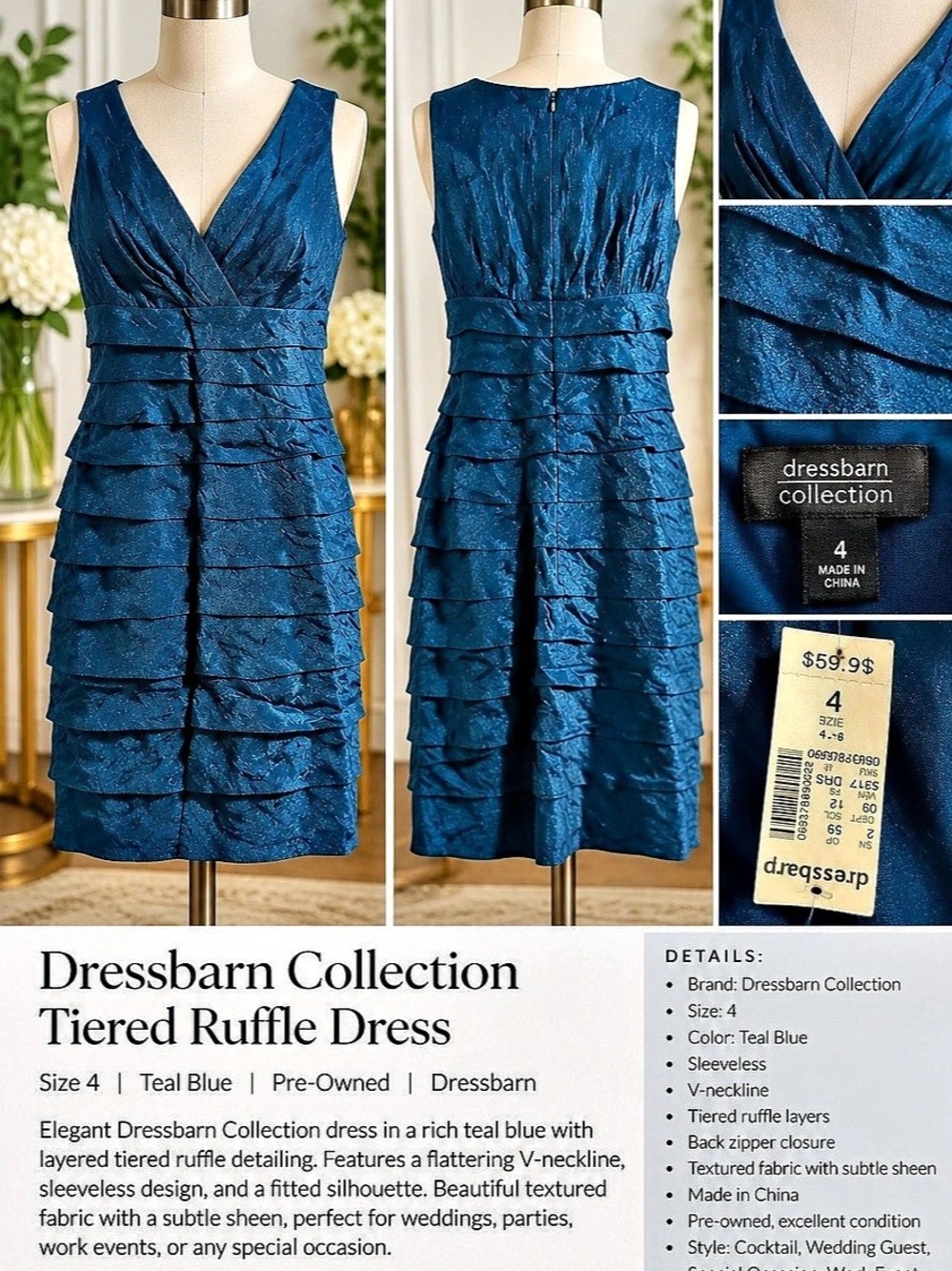 dressbarn Tiered Ruffle Dress Blue Mini Dress Size 4 NWT